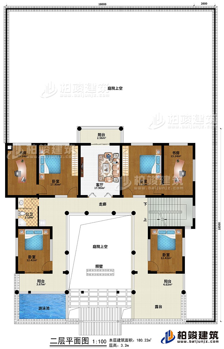 二层：走廊、2庭院上空、3卧室、2书房、公卫、3阳台、游泳池、露台、照壁、客厅